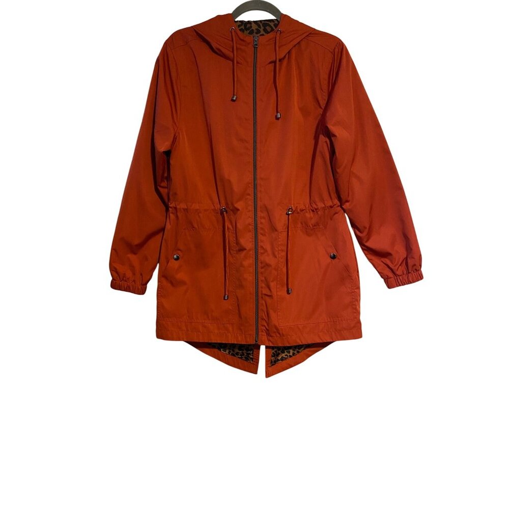 Time & Tru Women's M Burnt Orange Hooded Zip-Up Rain Jacket Leopard Lining Y2K